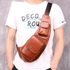Oiled Leather Brown Men's Chest Bag Sling Bag One Shoulder Backpack For Men