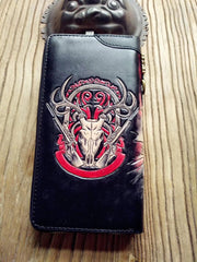 Handmade Leather Mens Clutch Wallet Cool Skull Ghost Rider Tooled Chain Wallet Biker Wallets for Men