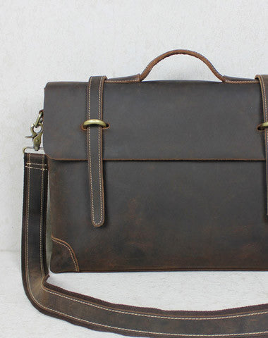 Handmade leather men Briefcase messenger coffee brown shoulder laptop 14 inch bag vintage bag - EverHandmade