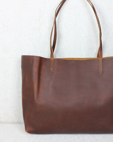 Handmade red brown leather tote bag vintage shoulder bag shopper bag women with inner - EverHandmade
