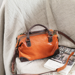 Vintage Brown Womens Leather Handbag Purses Boston Small Shoulder Bag Handbag Purse