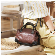 Vintage Brown Womens Leather Handbag Purses Boston Small Shoulder Bag Handbag Purse