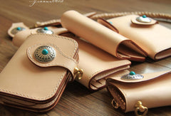 Handmade leather beige biker wallet chain bifold billfold wallet purse clutch for men - EverHandmade
