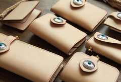 Handmade leather beige biker wallet chain bifold billfold wallet purse clutch for men