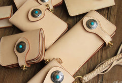 Handmade leather beige biker wallet chain bifold billfold wallet purse clutch for men - EverHandmade