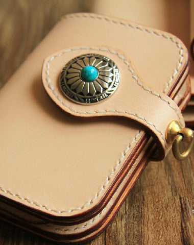 Handmade leather beige biker wallet chain bifold billfold wallet purse clutch for men - EverHandmade