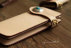Handmade beige leather biker wallet chain bifold long wallet purse clutch for men