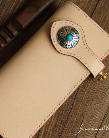 Handmade beige leather biker wallet chain bifold long wallet purse clutch for men