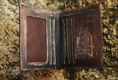 Handcraft vintage distress blue red leather hand dyed small billfold wallet for lovers
