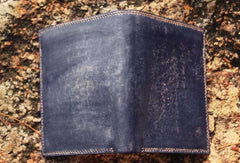 Handcraft vintage distress blue red leather hand dyed small billfold wallet for lovers