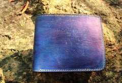 Handcraft vintage distress blue red leather hand dyed small billfold wallet for lovers