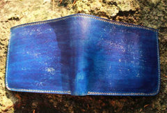 Handcraft vintage distress blue red leather hand dyed small billfold wallet for lovers