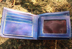 Handcraft vintage distress blue red leather hand dyed small billfold wallet for lovers