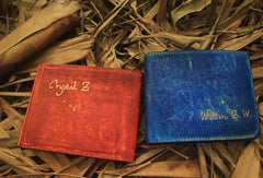 Handcraft vintage distress blue red leather hand dyed small billfold wallet for lovers