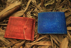 Handcraft vintage distress blue red leather hand dyed small billfold wallet for lovers