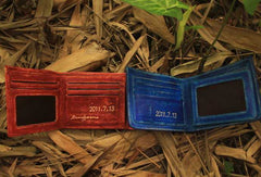 Handcraft vintage distress blue red leather hand dyed small billfold wallet for lovers