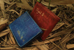 Handcraft vintage distress blue red leather hand dyed small billfold wallet for lovers