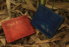 Handcraft vintage distress blue red leather hand dyed small billfold wallet for lovers