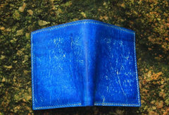 Handcraft vintage distress blue red leather hand dyed small billfold wallet for lovers