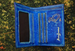 Handcraft vintage distress blue red leather hand dyed small billfold wallet for lovers