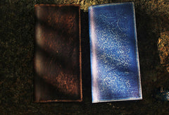 Handcraft vintage distress blue leather hand dyed long wallet for men/women