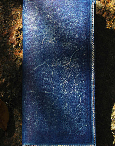 Handcraft vintage distress blue leather hand dyed long wallet for men/women