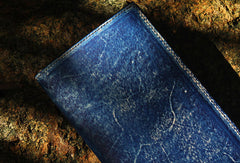 Handcraft vintage distress blue leather hand dyed long wallet for men/women