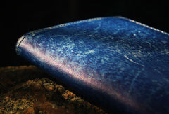Handcraft vintage distress blue leather hand dyed long wallet for men/women