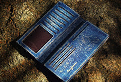 Handcraft vintage distress blue leather hand dyed long wallet for men/women
