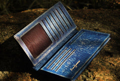Handcraft vintage distress blue leather hand dyed long wallet for men/women