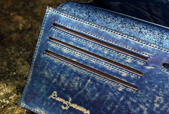 Handcraft vintage distress blue leather hand dyed long wallet for men/women