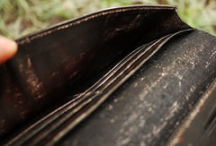 Handcraft vintage distress natural leather hand dyed long wallet for women - EverHandmade