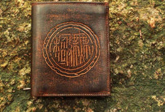 Handcraft vintage distress ancient word leather hand dyed billfold wallet for men