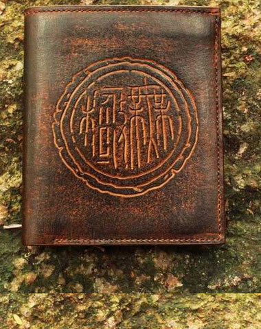 Handcraft vintage distress ancient word leather hand dyed billfold wallet for men