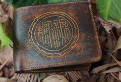 Handcraft vintage distress ancient word leather hand dyed billfold wallet for men