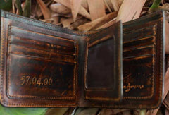 Handcraft vintage distress ancient word leather hand dyed billfold wallet for men