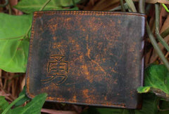 Handcraft vintage distress ancient word leather hand dyed billfold wallet for men