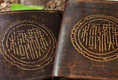 Handcraft vintage distress ancient word leather hand dyed billfold wallet for men