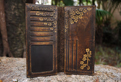 Handcraft vintage distress floral leather hand dyed long wallet for women girl lady - EverHandmade
