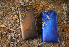 Handcraft vintage distress floral leather hand dyed long wallet for women girl lady - EverHandmade