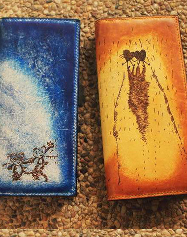 Handcraft vintage distress lovers leather hand dyed long wallet for women