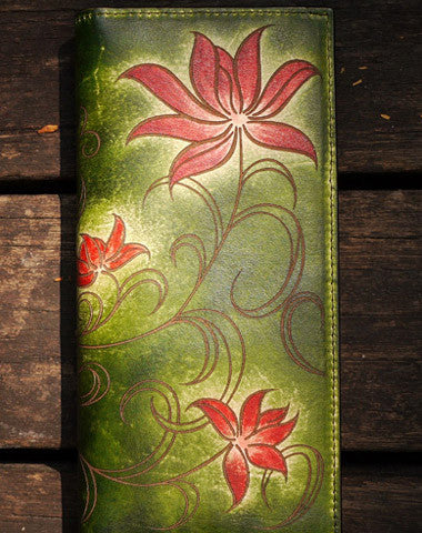 Handcraft vintage distress green floral leather hand dyed long wallet for women lady - EverHandmade