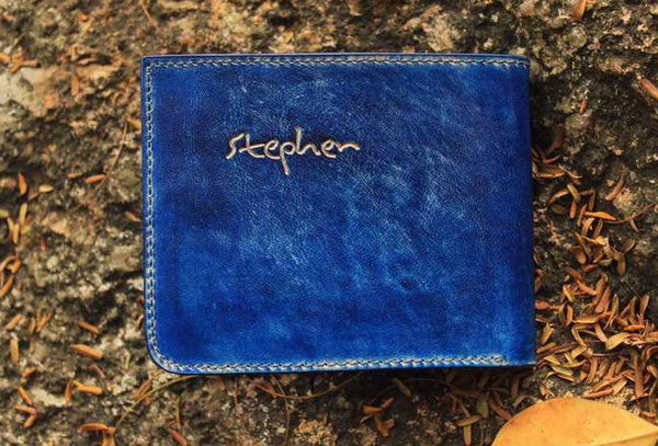 Handcraft vintage distress blue bird leather hand dyed billfold wallet for women JL06801012