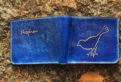 Handcraft vintage distress blue bird leather hand dyed billfold wallet for women