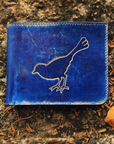 Handcraft vintage distress blue bird leather hand dyed billfold wallet for women