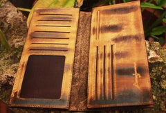 Handcraft vintage distress eagle feather leather hand dyed long wallet for men