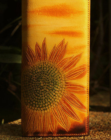 Handcraft vintage distress floral leather hand dyed long wallet for women girl lady - EverHandmade