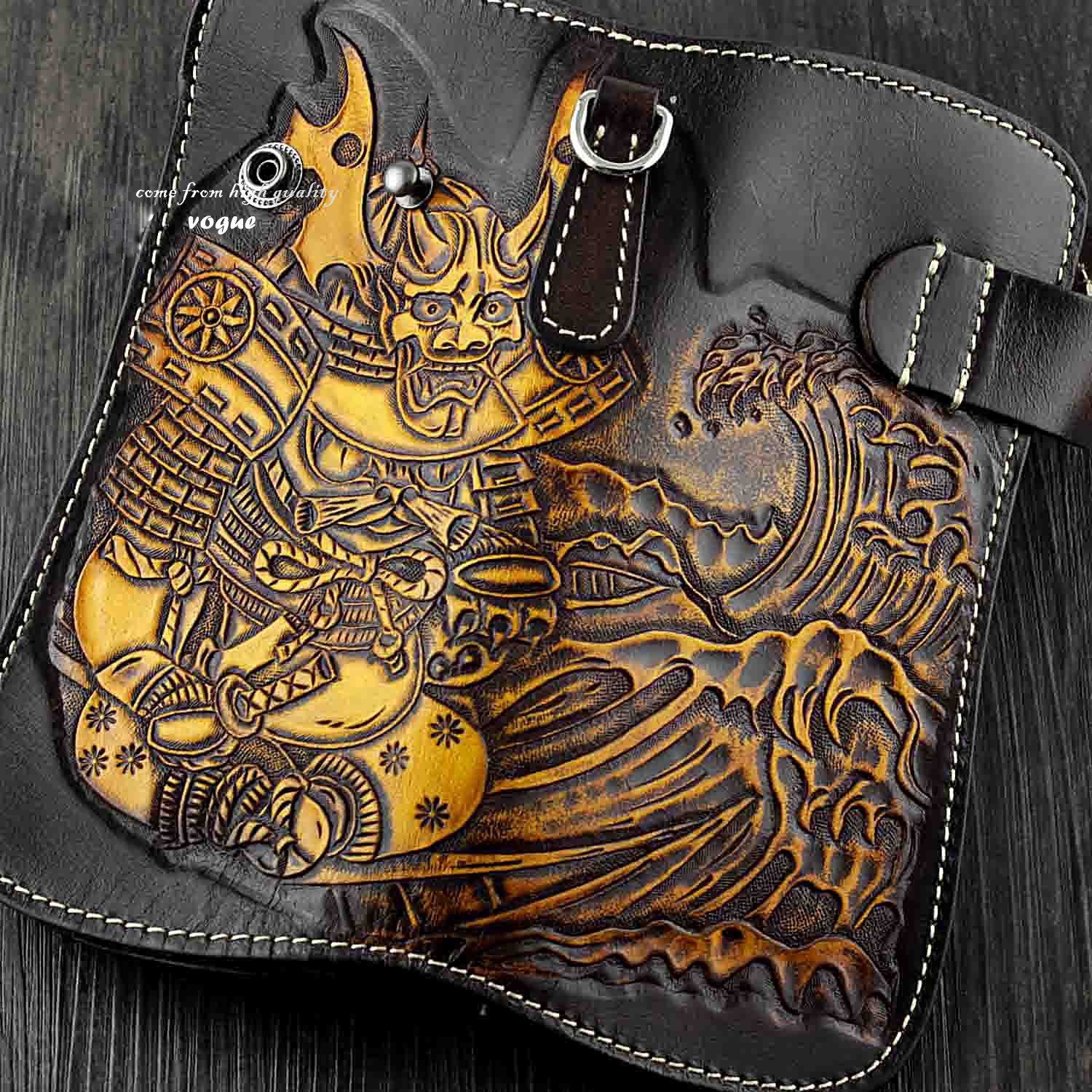 Japanese Ghost Tooled Leather Men's Biker Wallet Chain Wallet Long Wallet with Chain For Men