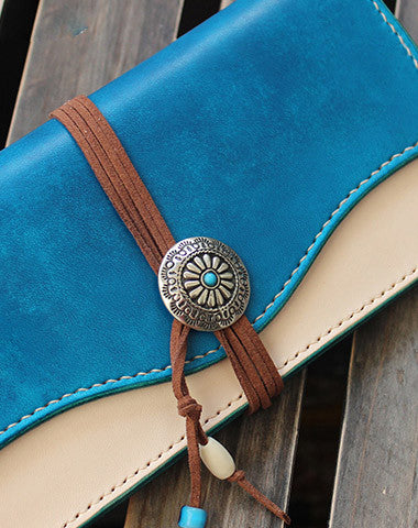 Handmade custom vintage purses leather wallets long phones wallets blue women - EverHandmade