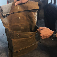 Khaki Oiled Wax Canvas Mens Rollup Backpack Travel Backpack Hiking Backpack Outdoor Backpack For Men